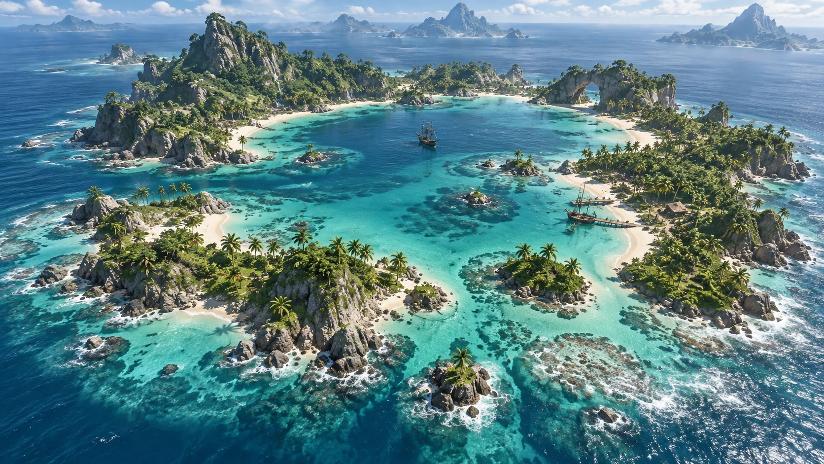 Tropical island concept art for No Quarter, with turquoise coves and lush green cliffs
